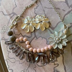 Gray Clear Beaded w/ Coral Beads and Silver Flower; Silver Petal Earrings